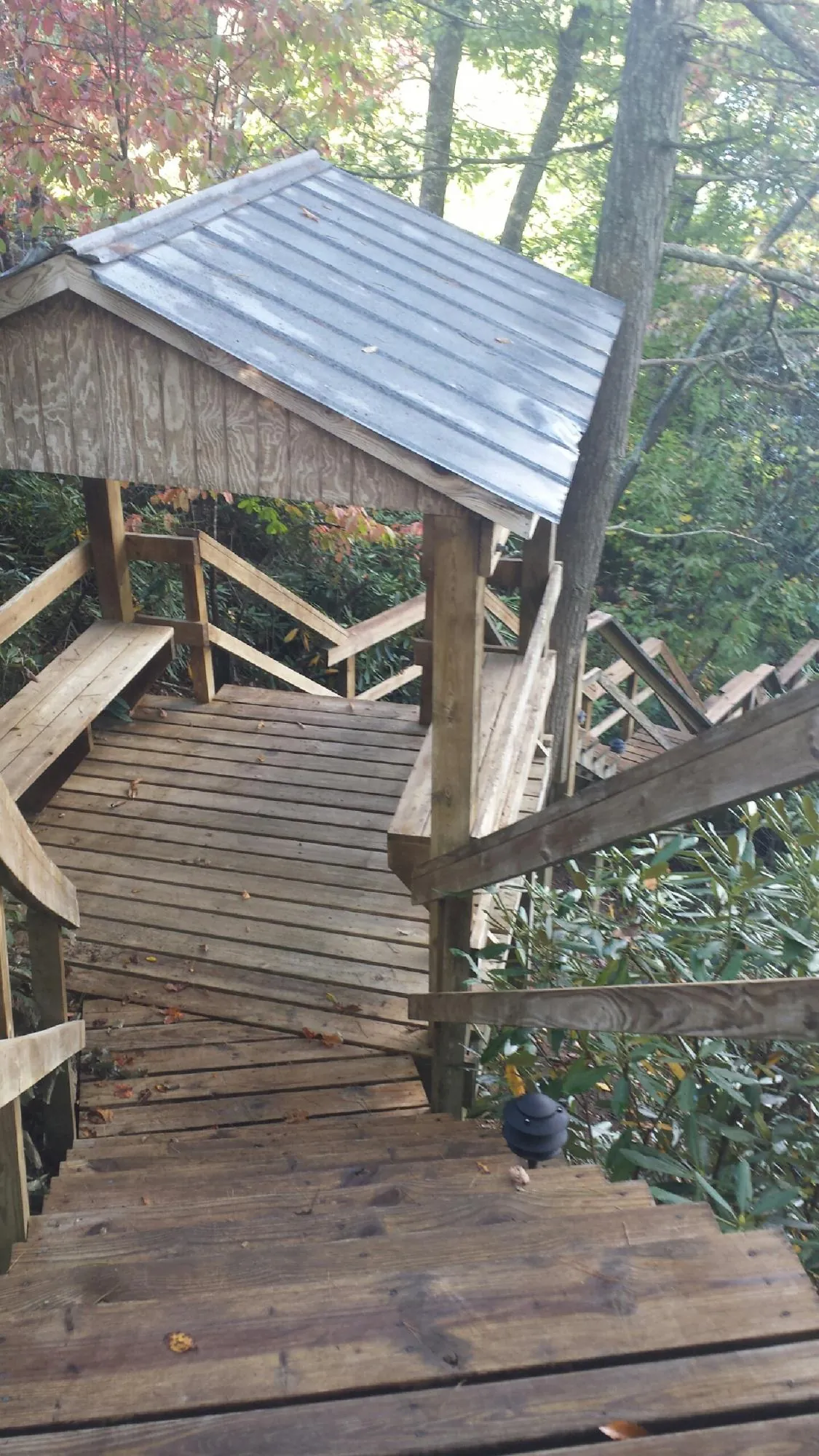 Metal roofed shelter over wooden steps on a wooded walkway — Skylight Repair & Installation work by our crew in Clarissa
